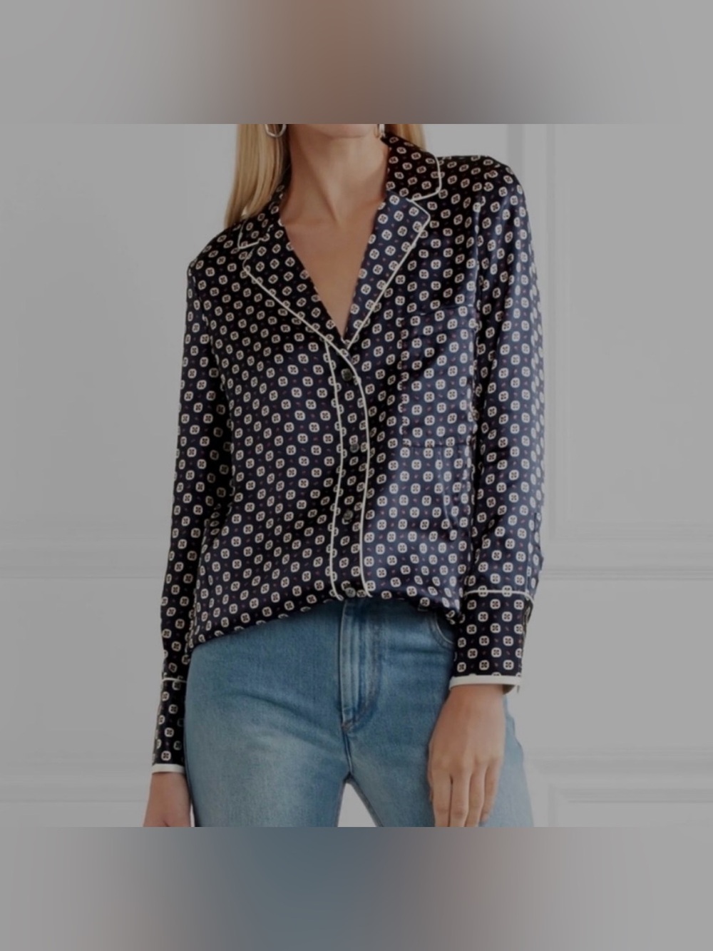 FRAME Printed Silk Button Down Shirt Navy Multi XS